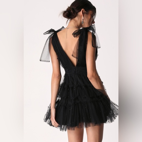 NEW Lulus Black Tulle Beaded Shoulder-Tie Tiered Mini Party Dress Women’s L READ - Picture 4 of 12
